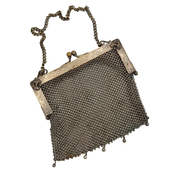 Antique German Silver Evening Bag w Chain Link Mesh Dropped Tassel Marked WJ Co